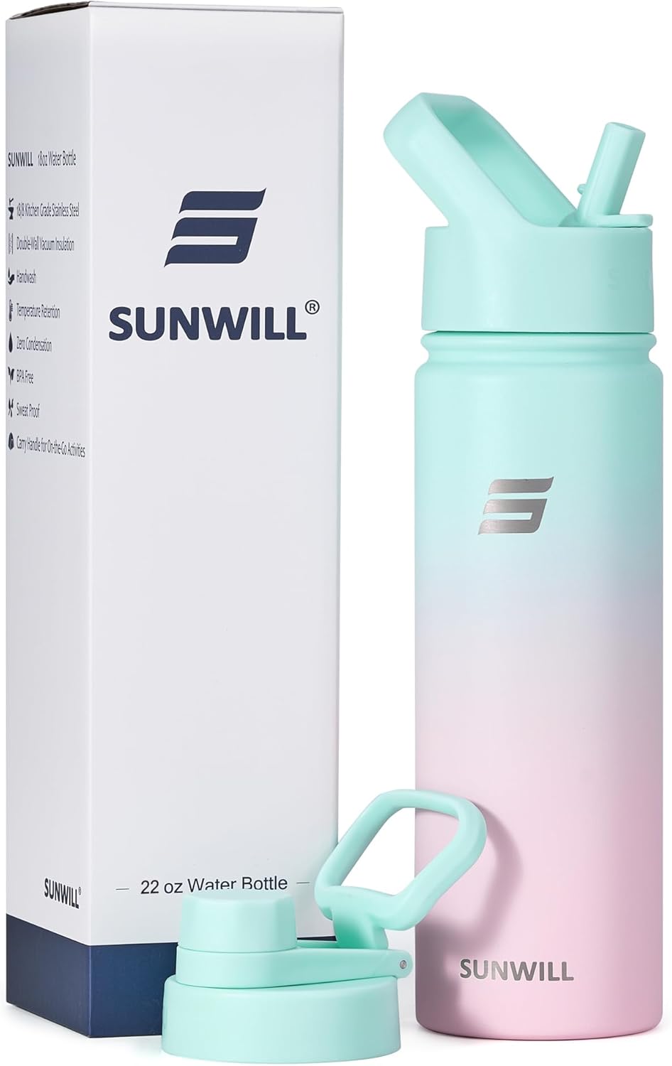 SUNWILL Botella de agua aislada con popote, botella de agua para deportes y viajes, 22 onzas, acero inoxidable de doble pared, apta para portavasos,