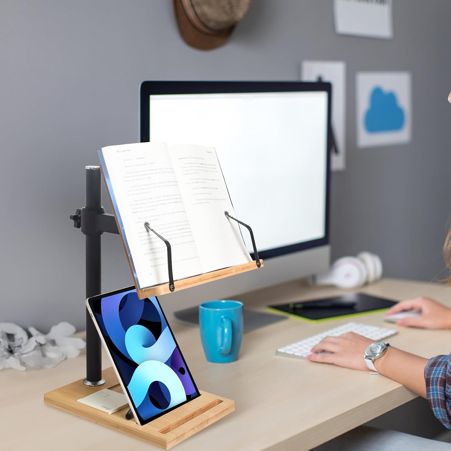 wishacc – Soporte ajustable para libros, con ranura para teléfono y clips para página, plegable para libros de cocina, partituras, laptop, receta,