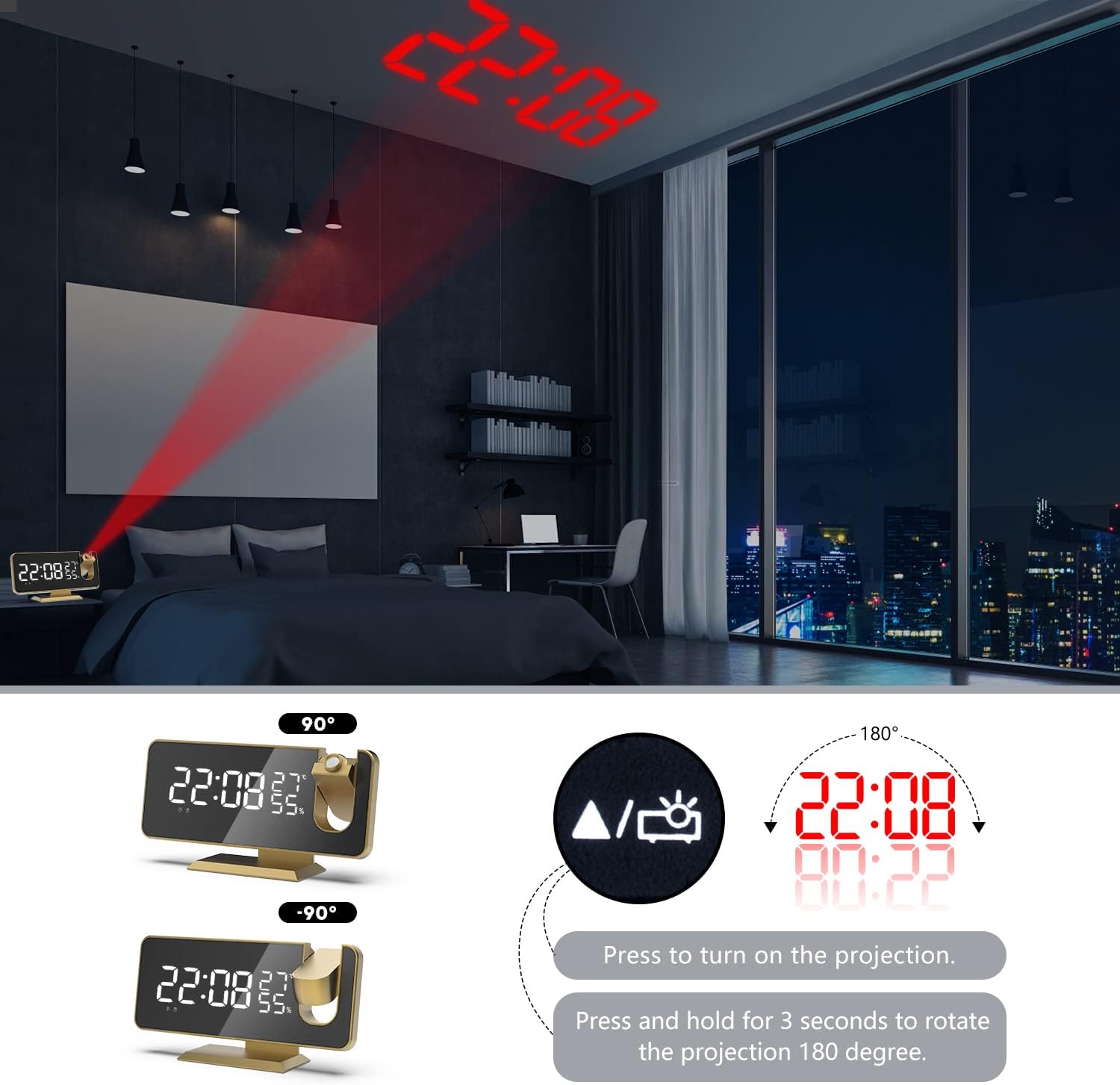 Mightree Reloj despertador de proyección para dormitorio, reloj despertador digital con cargador USB, pantalla de espejo LED grande de 7.4 pulgadas,