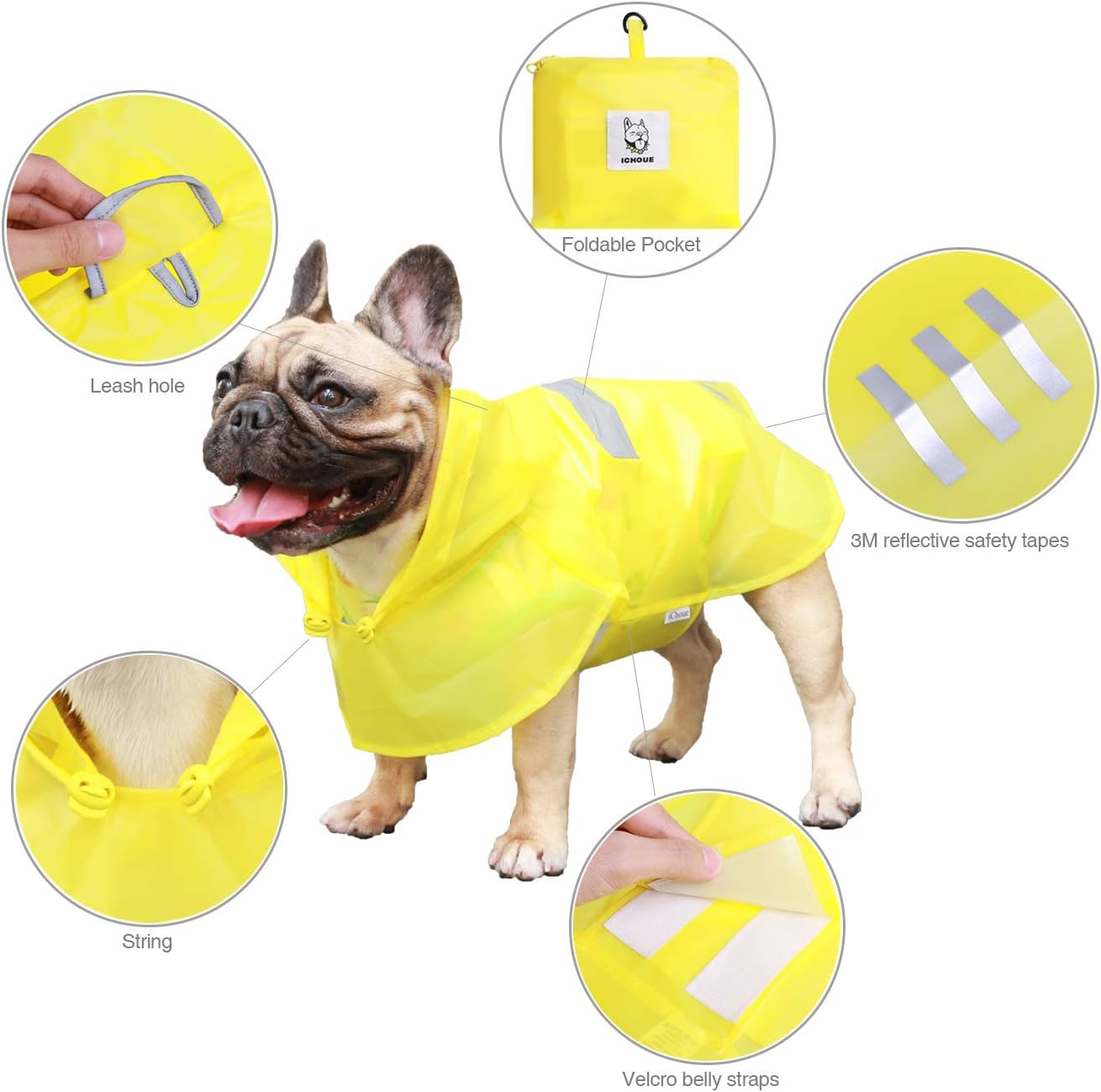 iChoue Chubasquero para perro, impermeable, ajustable, con correas reflectantes, ligera, para bulldog francés grande (amarillo, L)