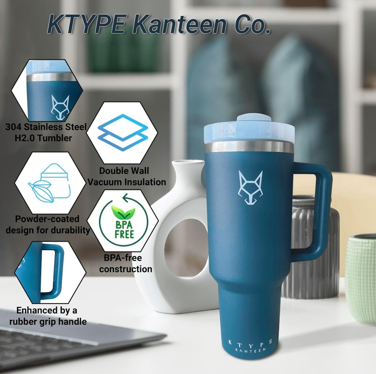 KTYPE Kanteen Vaso de acero inoxidable de 40 onzas con asa, tapa y pajita, recubierto de polvo o recubierto de goma, aislamiento al vacío de doble