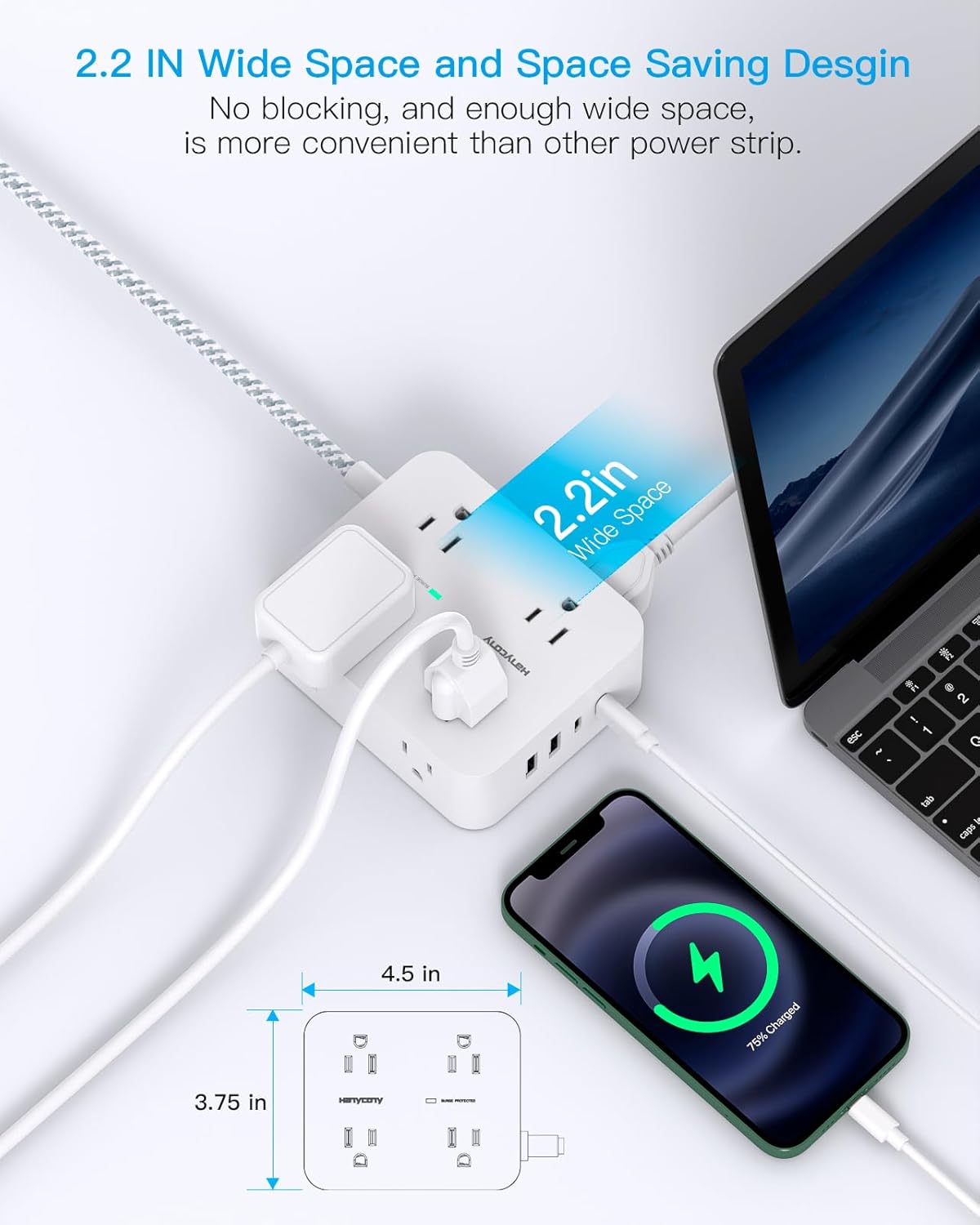 Regleta protectora de sobretensiones de 15 pies de largo, cable de extensión de 15 pies con 8 tomas, 4 puertos USB (2 USB C), enchufe plano,