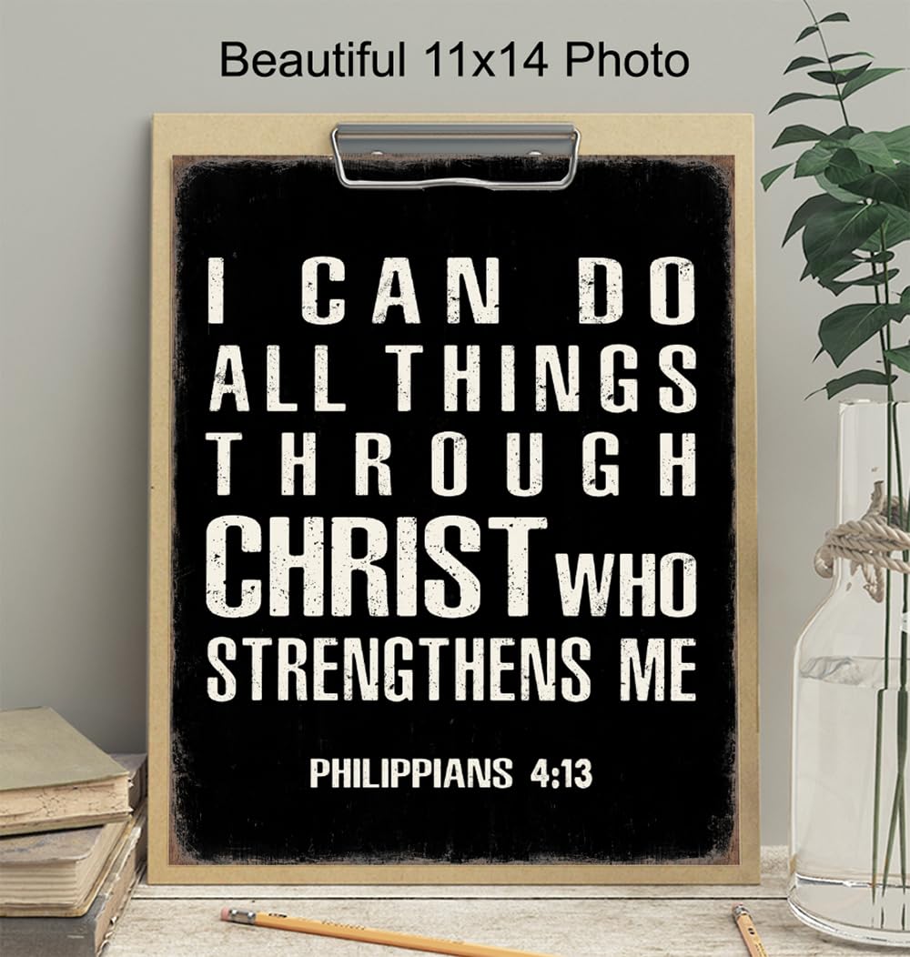 Christian Bible Verse Art Print 11×14 – I Can Do All Things Through Christ – Christian Wall Art for Men – Jesus Scripture Wall Decor – God Wall Art