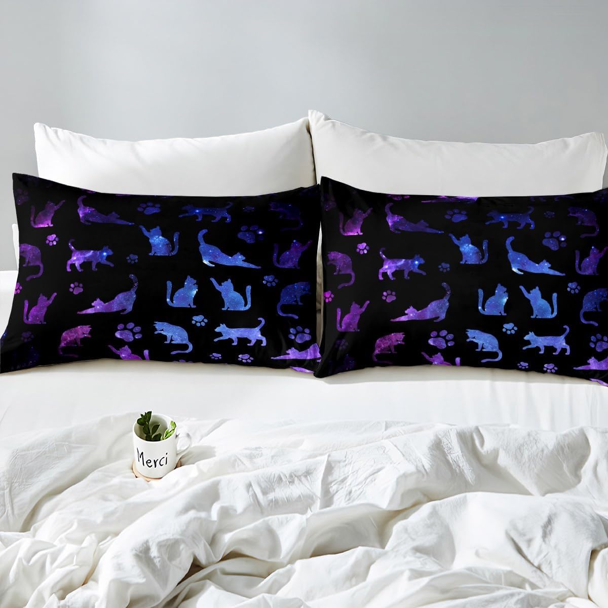 Erosebridal Juego de funda de edredón de gatos, tamaño Queen, para niños, gatos, silueta de dibujos animados, morado, azul, reversible, negro,