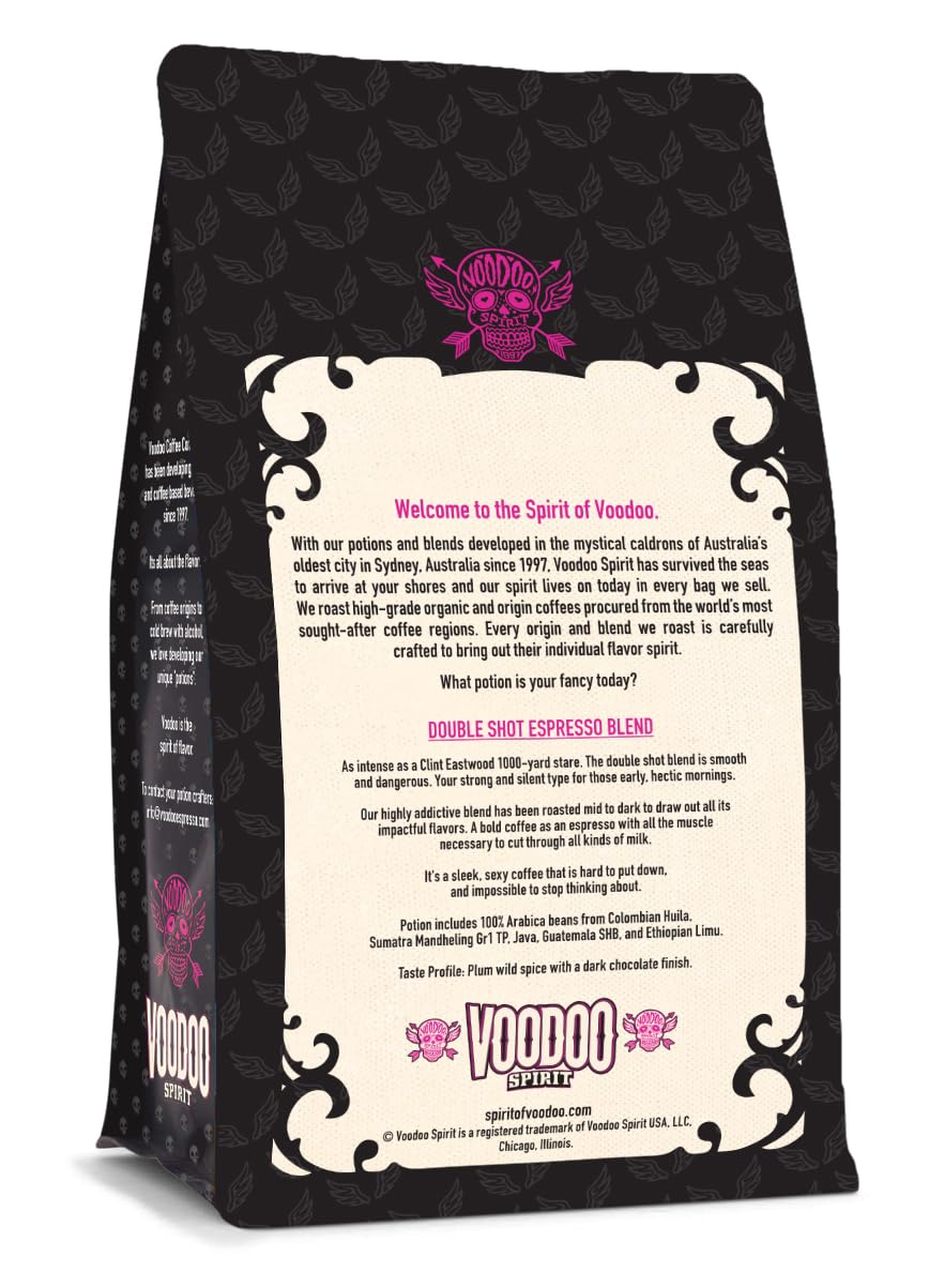 Voodoo Spirit Café  Mezcla de café expreso de 12 onzas, bolsa resellable de grano entero  Tu tipo fuerte y silencioso para esas mañanas tempranas y