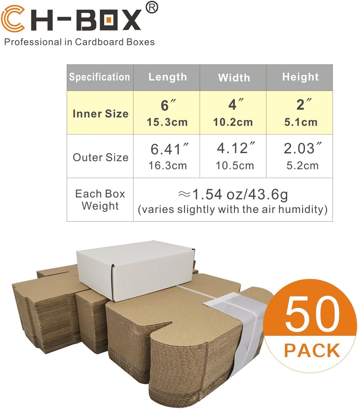 CH-BOX Paquete de 50 cajas de envío pequeñas de 6 x 4 x 2 pulgadas, sobres de cartón corrugado para negocios, color blanco (CM642)