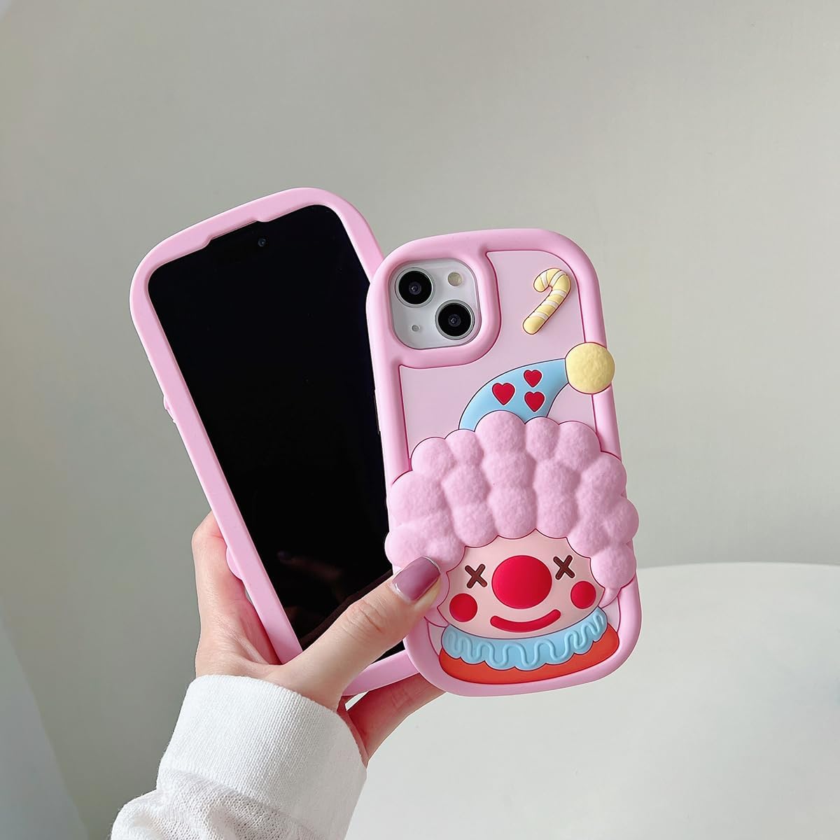 Funda Kawaii para iPhone 11, linda funda de teléfono de payaso de dibujos animados 3D, divertida funda de teléfono de payaso rosa para mujeres y