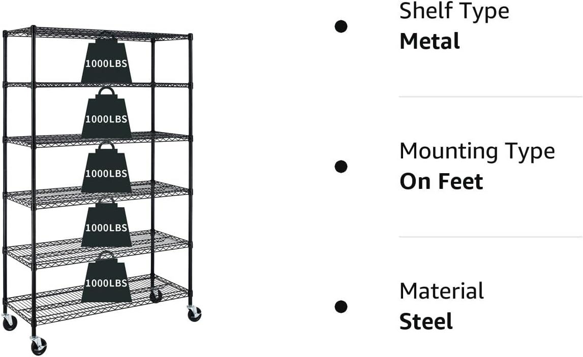 Estantería de garaje, estantes de metal de 78 x 48 x 18 pulgadas, estantería de alambre de 6 niveles, ajustable, resistente, de acero, con ruedas