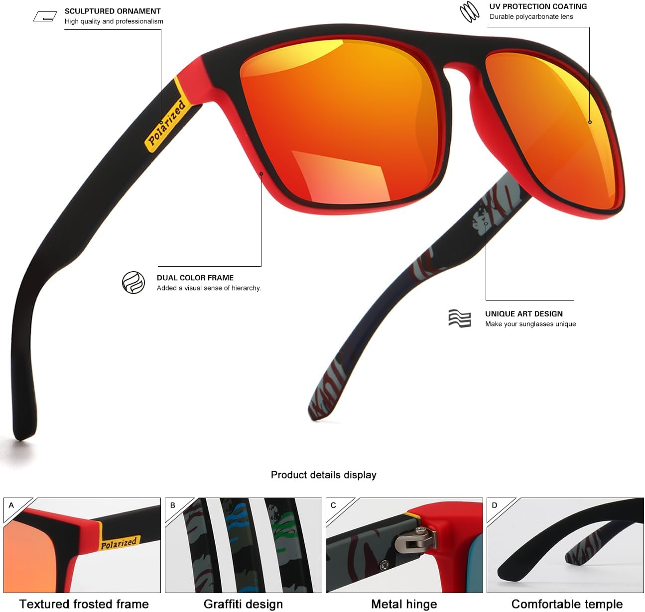 Lentes de sol polarizados para hombres y mujeres, para conducir, deportes, senderismo, gafas de sol, montura cuadrada clásica, protección UV400