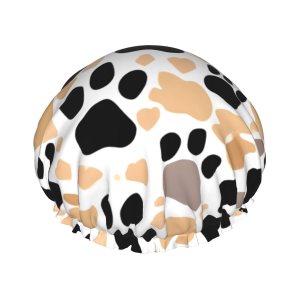 Gorro de ducha con estampado de patas de perro para mujer, elástico y reutilizable, doble capa impermeable Gorro de ducha con estampado de patas de perro para mujer, elástico y reutilizable, doble capa impermeable