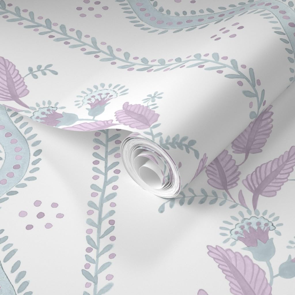Spoonflower Papel tapiz extraíble – Cottagecore Floral Stripe Botánico Grandmillennial Púrpura Azul Papel pintado tradicional prepegado personalizado