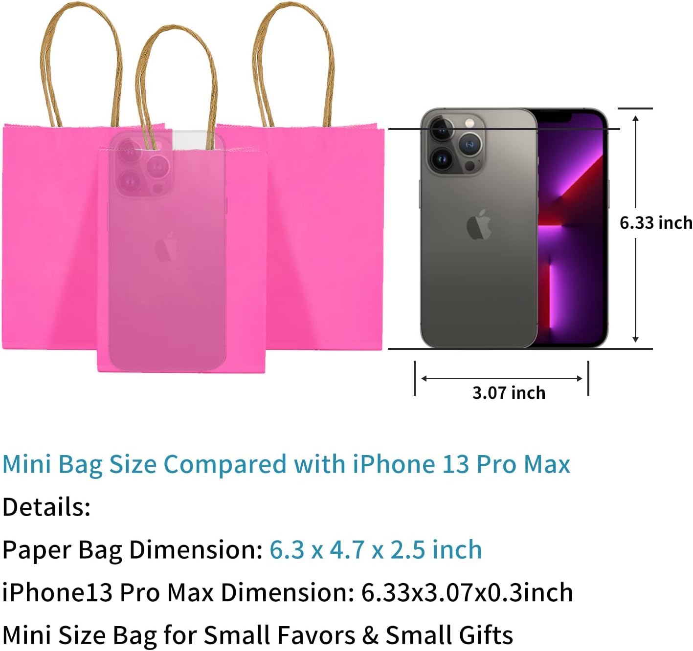 DjinnGlory Paquete de 60 pequeñas mini bolsas de regalo de papel rosa intenso con asas de 6.3 x 4.7 x 2.75 pulgadas para el día de la madre,