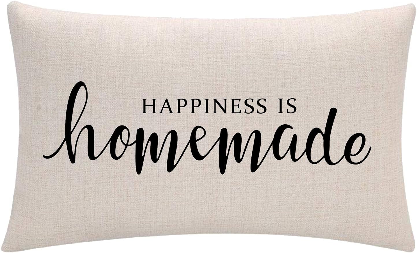 Inicio Citas Fundas de almohada decorativas de madera “Happiness is Homemade” Funda de almohada de granja de 12 x 20 pulgadas, decoración rústica de