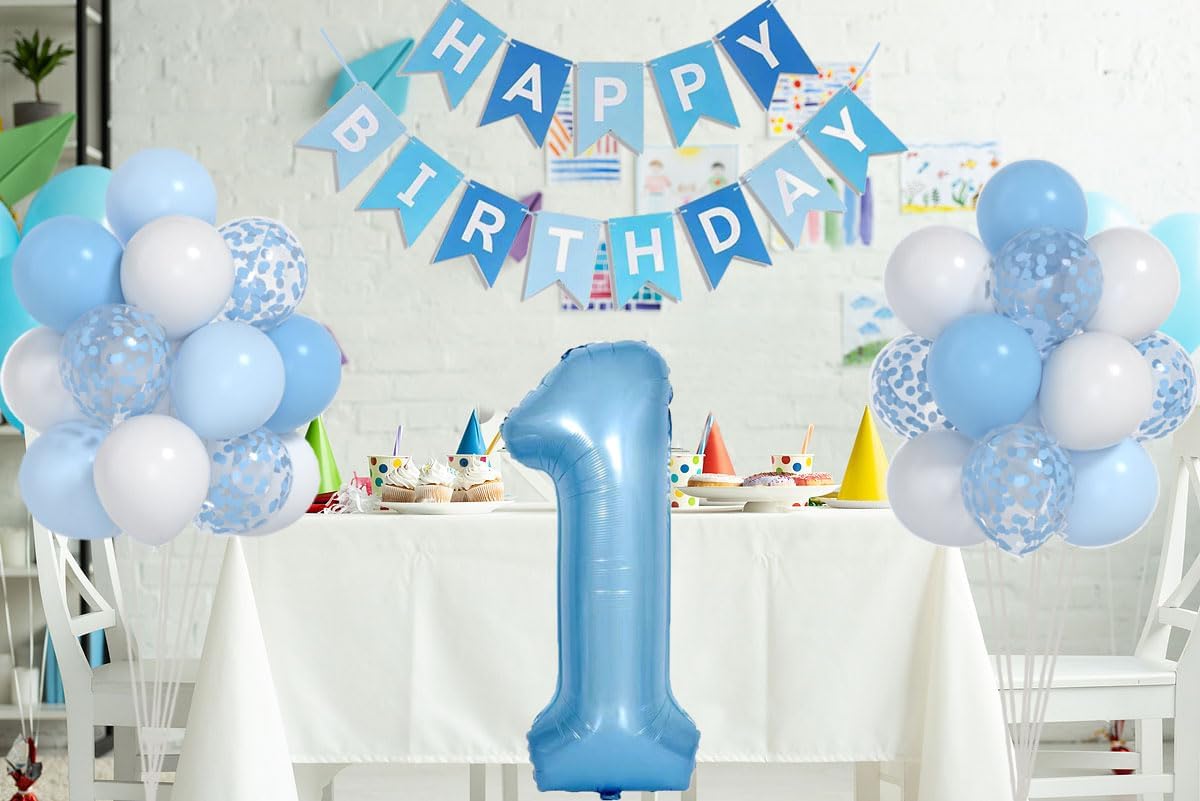 Globos de color azul y blanco bebé y 1 globo de 40 pulgadas, decoraciones de primer cumpleaños para niño con globos de confeti azul y blanco,