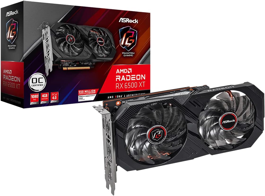 ASRock AMD Radeon RX 6500 XT Phantom Gaming D 4GB OC GDDR6 0dB Enfriamiento silencioso 18 Gbps 64-bit 7680 x 4320 Tarjeta gráfica Dual Fan HDMI