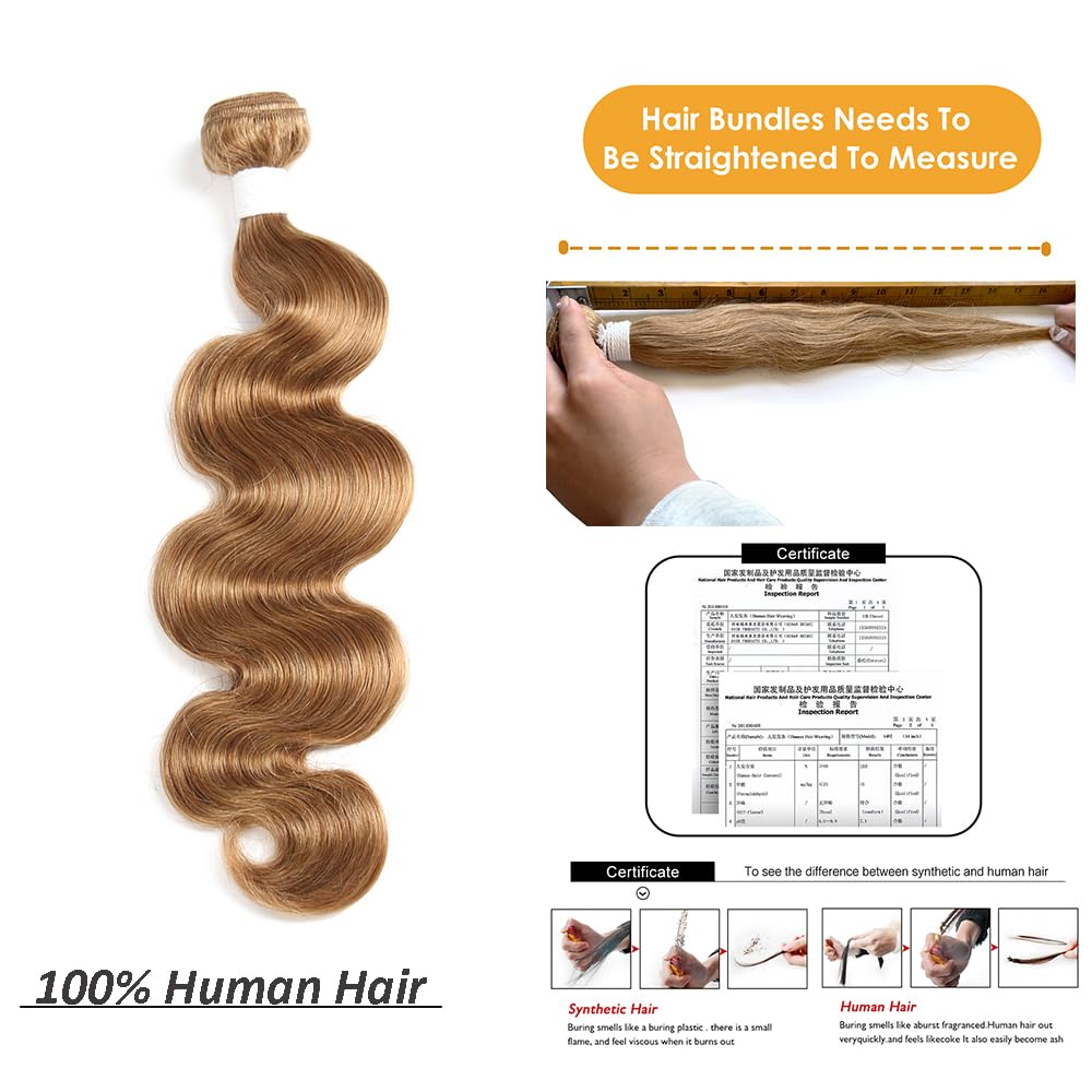 X-TRESS Extensiones de cabello de 18 pulgadas, color #27, 1 rubio miel, 100% cabello humano brasileño 27, ondulado, extensiones de cabello humano