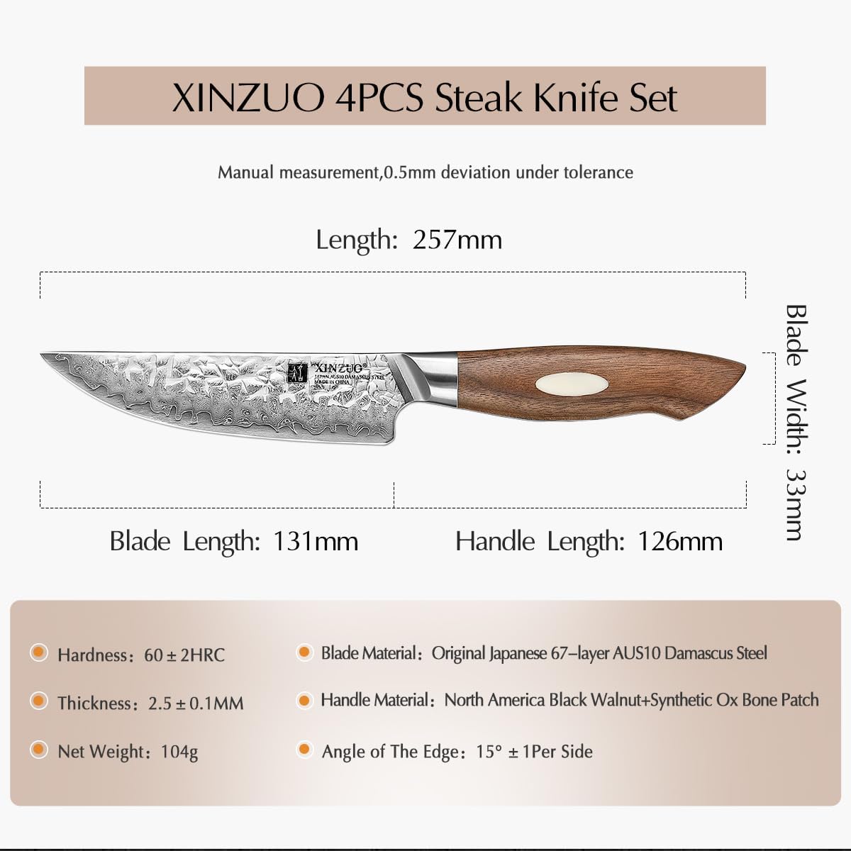 XINZUO Juego de 4 cuchillos para carne de 5 pulgadas, acero japonés AUS-10 de 67 capas forjados de Damasco con caja de regalo, cuchillo de mesa de