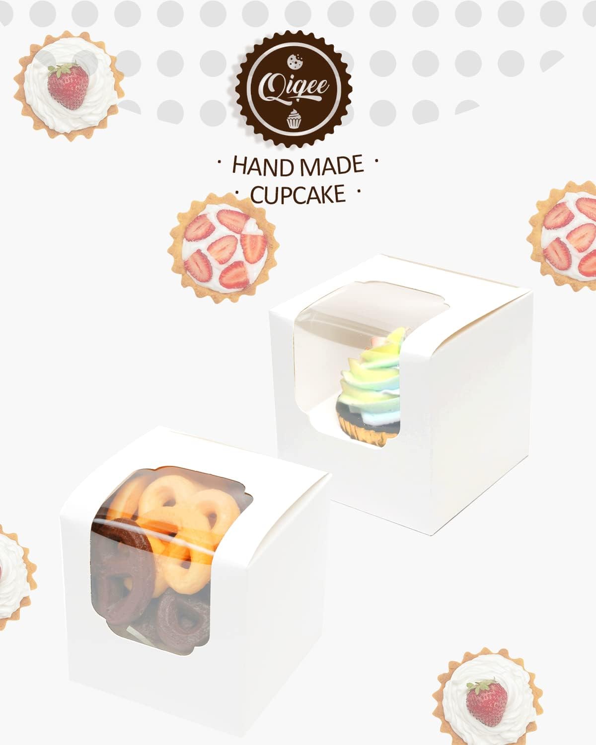 qiqee Paquete de 60 cajas para magdalenas autoemergentes individuales para cupcakes, color blanco, 3.5 x 3.5 x 3.5 pulgadas, cajas individuales para