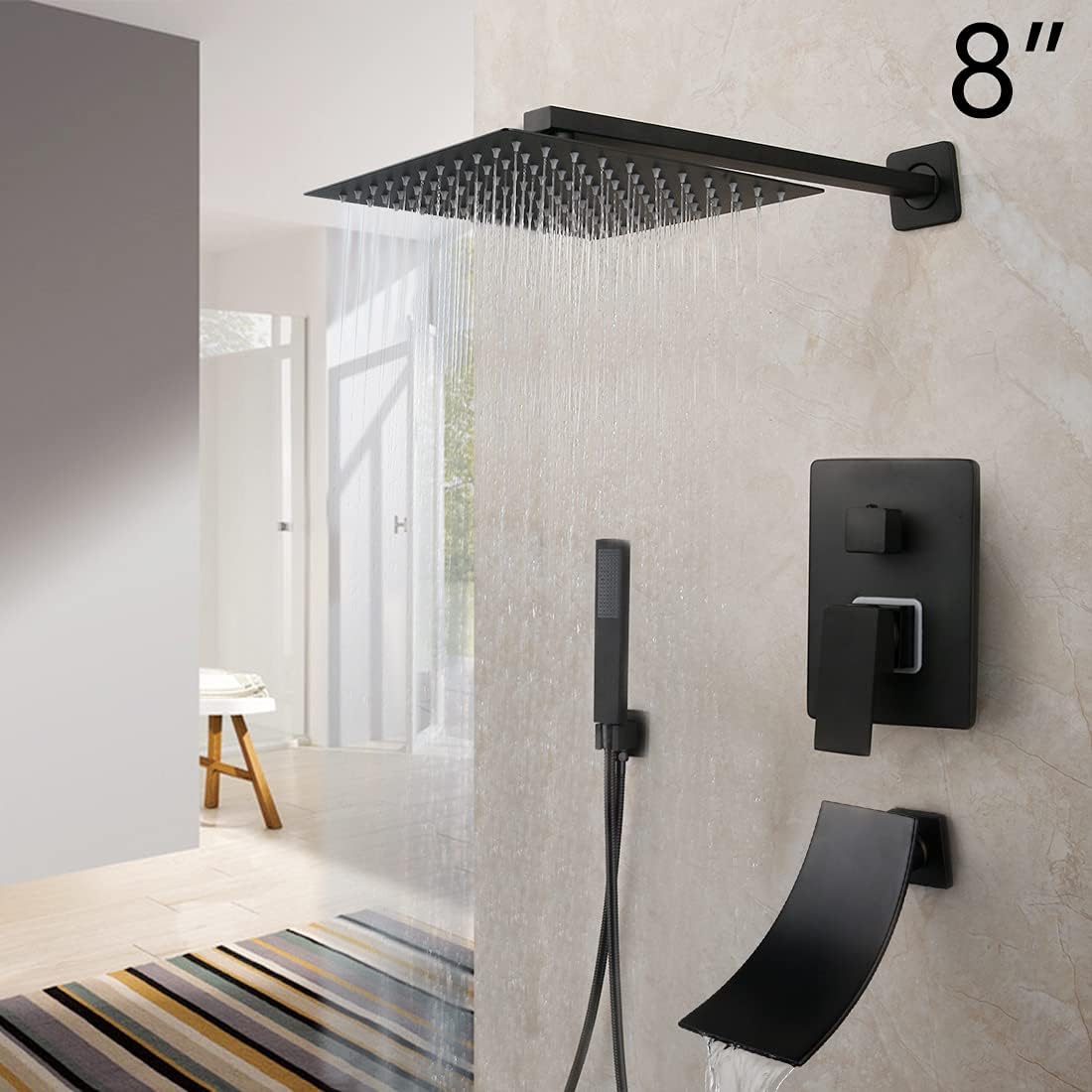 Sistema de ducha negro para baño, cabezal de ducha cuadrado de lluvia de 8 pulgadas, montado en la pared, válvula mezcladora de 3 vías, boquilla de