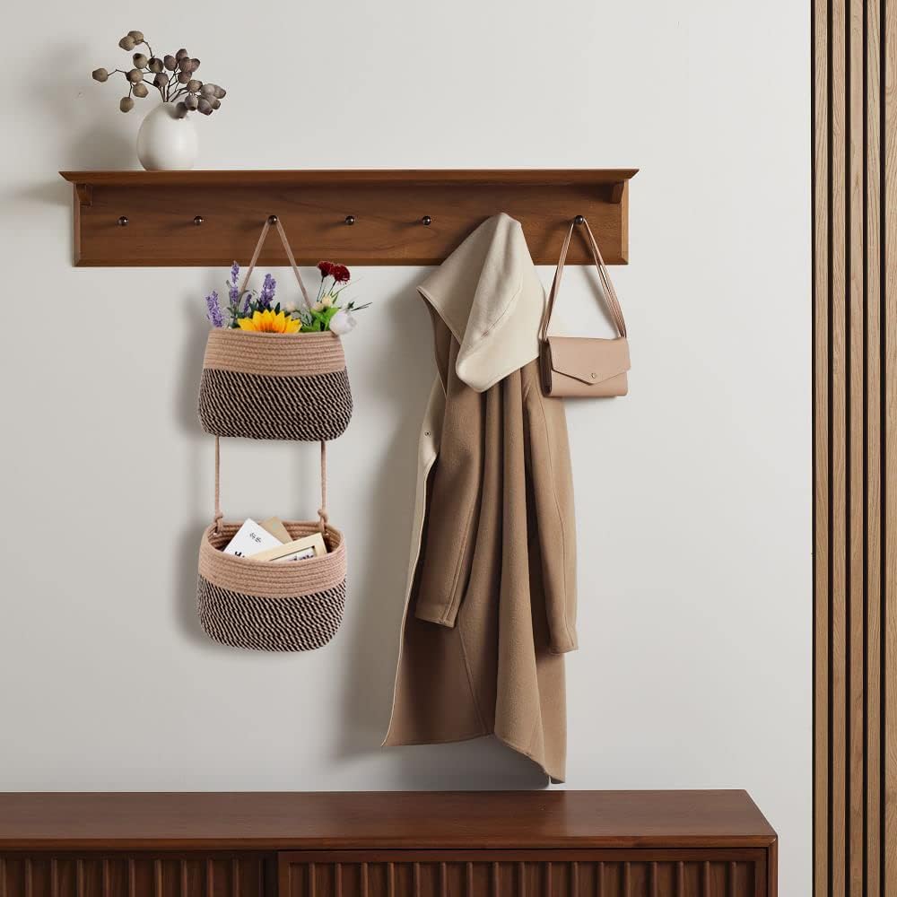 Cesta colgante para colgar sobre la puerta, cesta de pared tejida de cuerda de algodón de 2 niveles, organizador colgante para revistas, cestas de