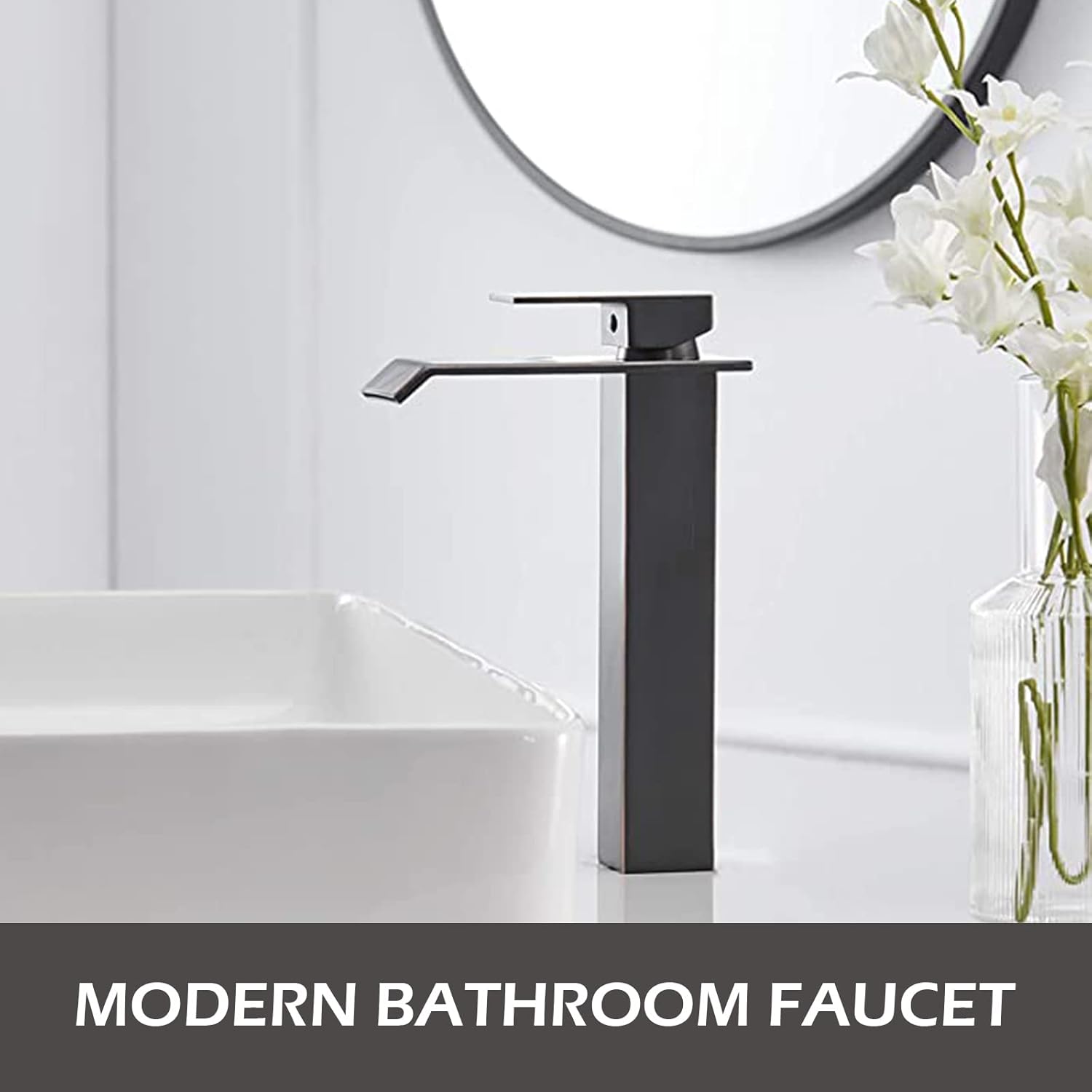 Grifo de lavabo de bronce aceitado cascada grifo de baño alto moderno grifo de lavabo de una sola manija, con montaje de drenaje