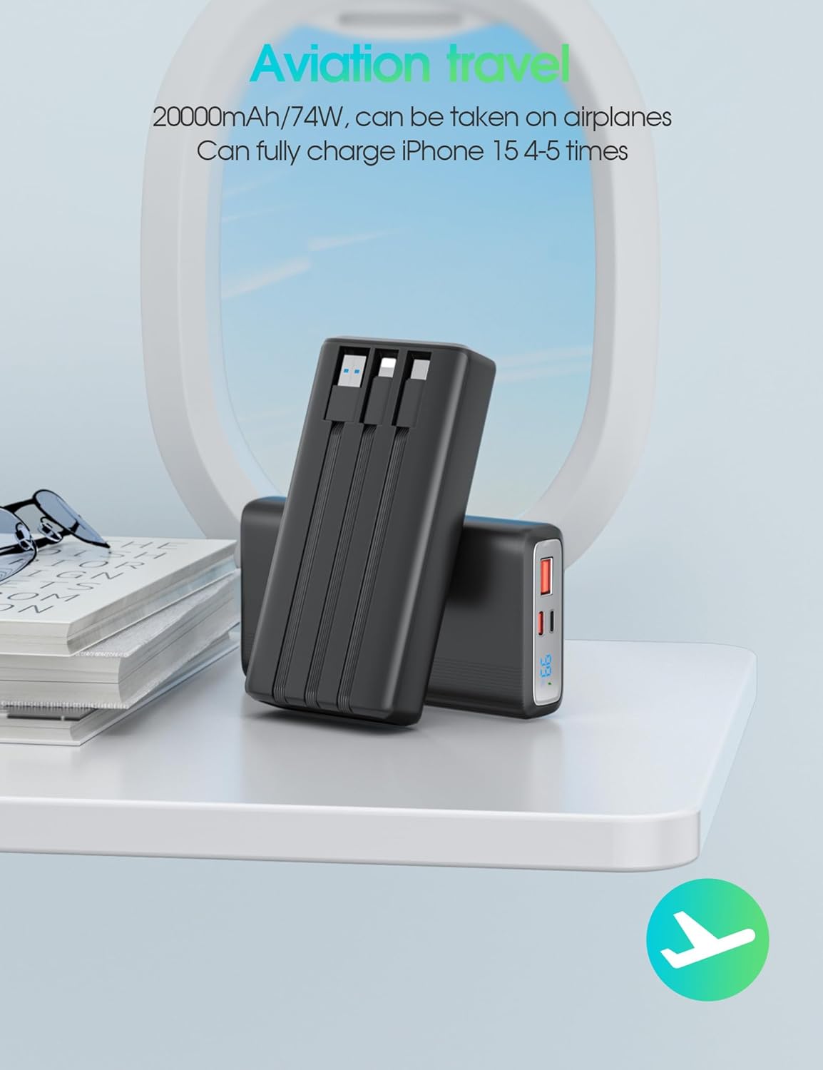 Cargador portátil de 20000 mAh, 22.5 W PD 3.0 de carga rápida con 3 cables incorporados, cargador de teléfono portátil con pantalla LED, paquete de