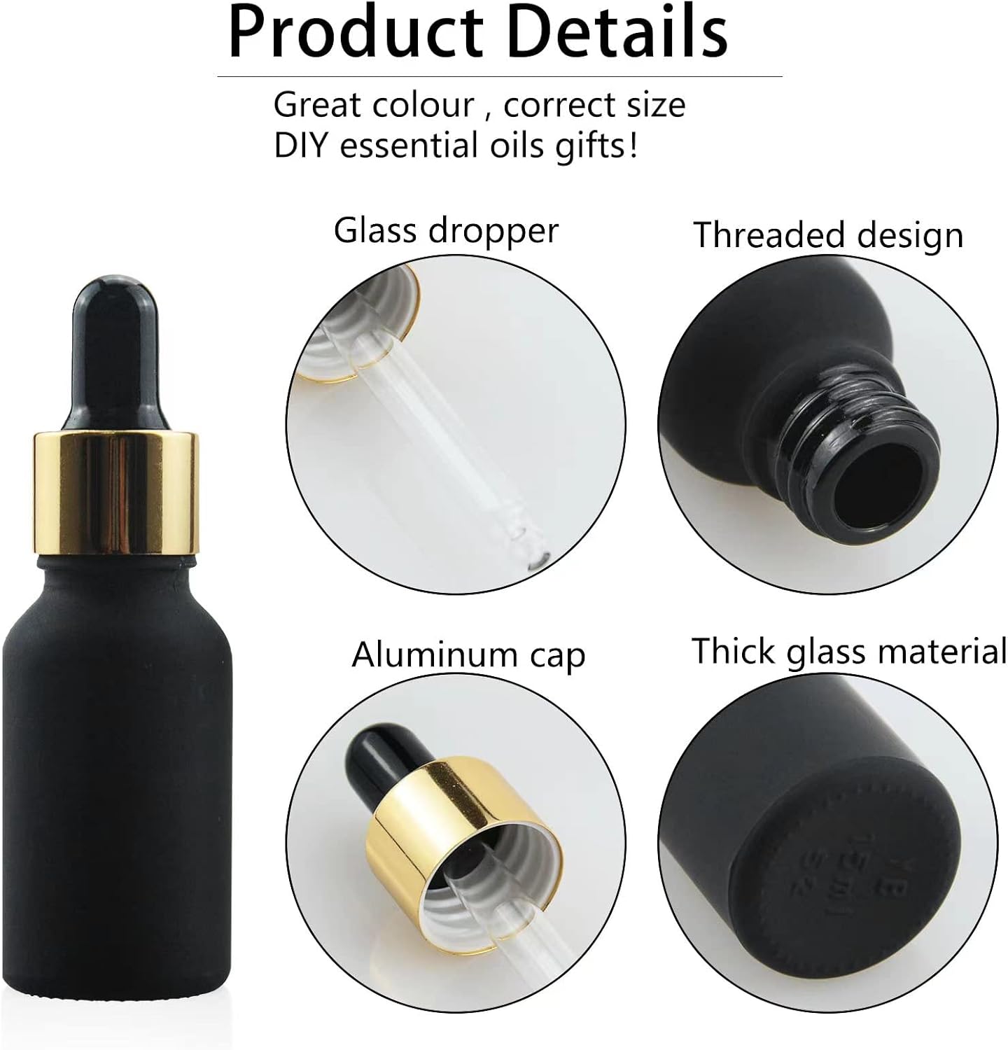 10 botellas con cuentagotas de vidrio esmerilado negro de 12 oz (0.5 fl oz), perfume, aromaterapia, cosméticos, aceites esenciales, muestra de mini