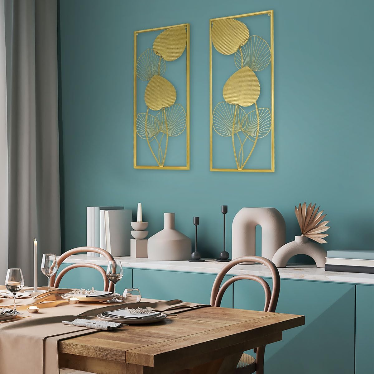 BOTAISHENG Juego de 2 hojas de metal para decoración de pared dorada para el hogar, 32 x 12 pulgadas, decoración de habitación con marco para sala