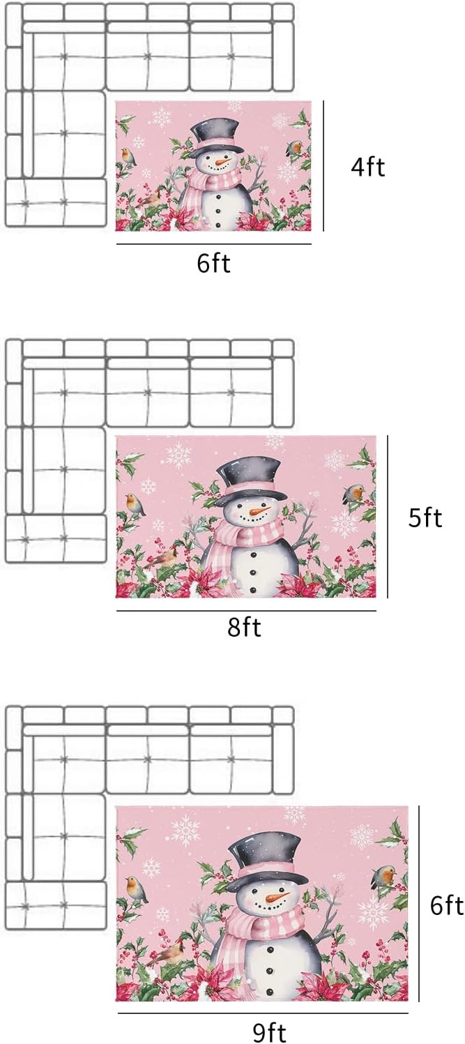 Outdoor Rug Carpet Waterproof 6×9 ft Area Rug, Pink Christmas Poinsettia Flower Berries Snowflake Large Floor Mat for Patio Balcony Living Room