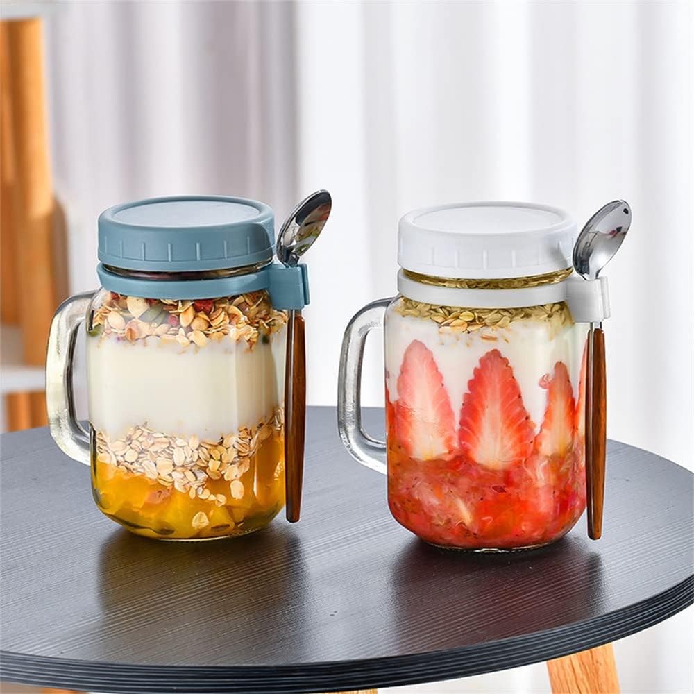 Tarros de avena con cuchara y tapa, paquete de 2 tarros de avena de vidrio de 16.2 onzas con asa, tarros herméticos de gran capacidad para frutas,