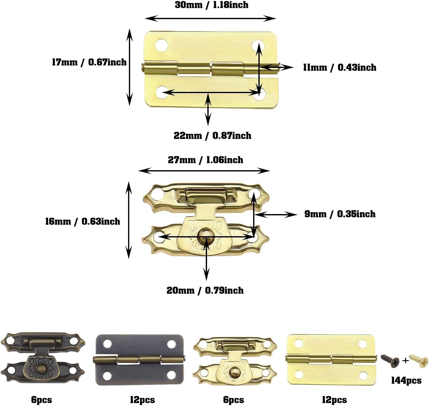 36 pestillos de cerrojo de bronce antiguo, mini bisagras con tornillos, mini cerrojos de armario, accesorios decorativos para caja de joyería, caja