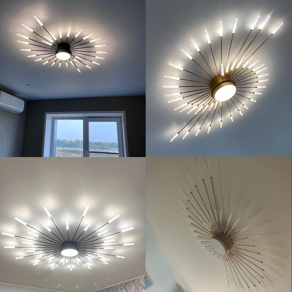 Liudefa Lámpara de techo LED de 32 pulgadas, 12 luces de techo modernas, lámpara de techo empotrada, iluminación de interior dorada para sala de