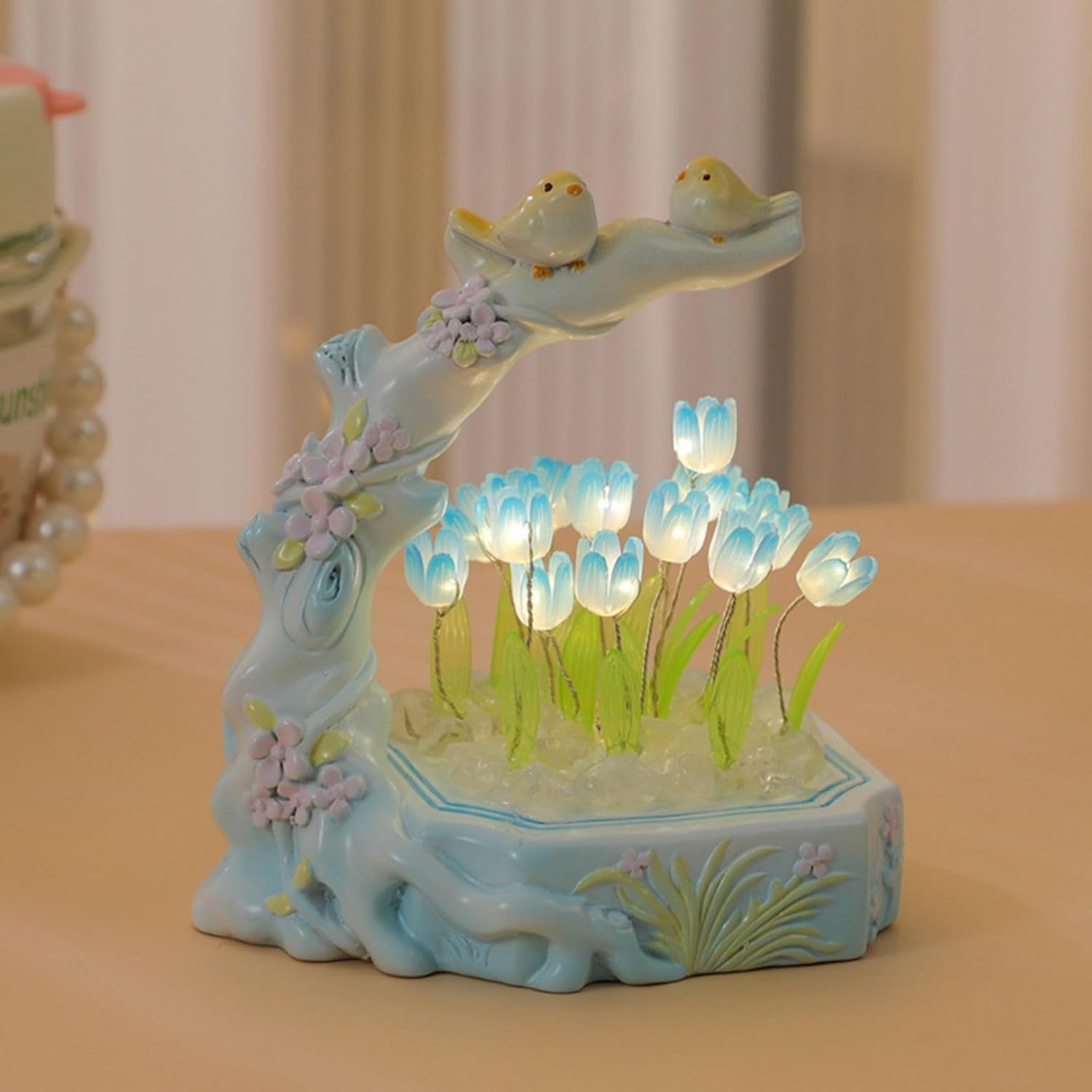 Lámpara de tulipanes de pájaros y flores, lámparas de mesa de tulipanes con 16 flores, mesita de noche, escritorio, lámpara de flores para niñas,