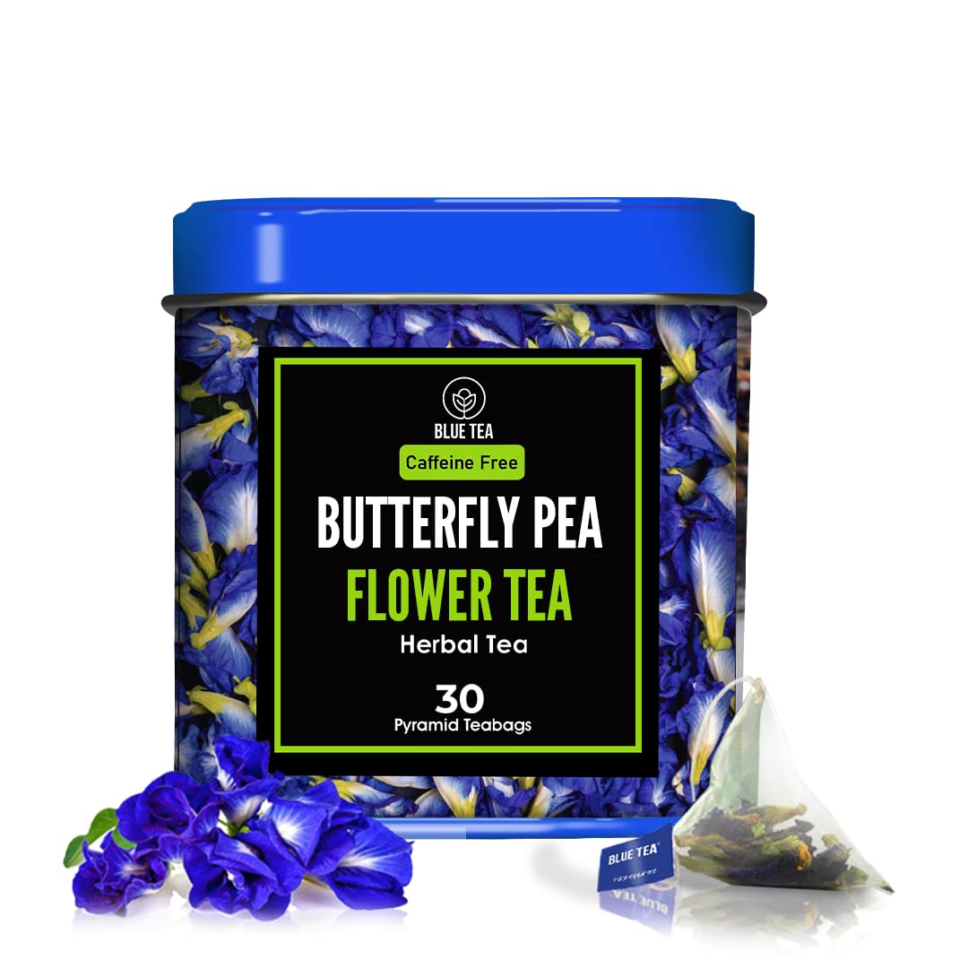 BLUE TEA – Flor de guisante de mariposa – 30 bolsas de té piramidales  Color natural de los alimentos  Té helado azul púrpura y rosa natural,