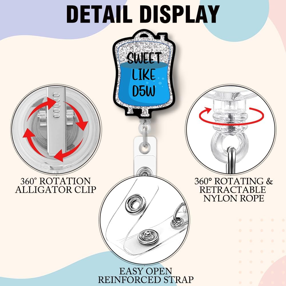 Carrete retráctil de insignia Sweet Like D5W con clip de cocodrilo, divertido paquete de dextrosa con purpurina plateada, regalo para médicos,