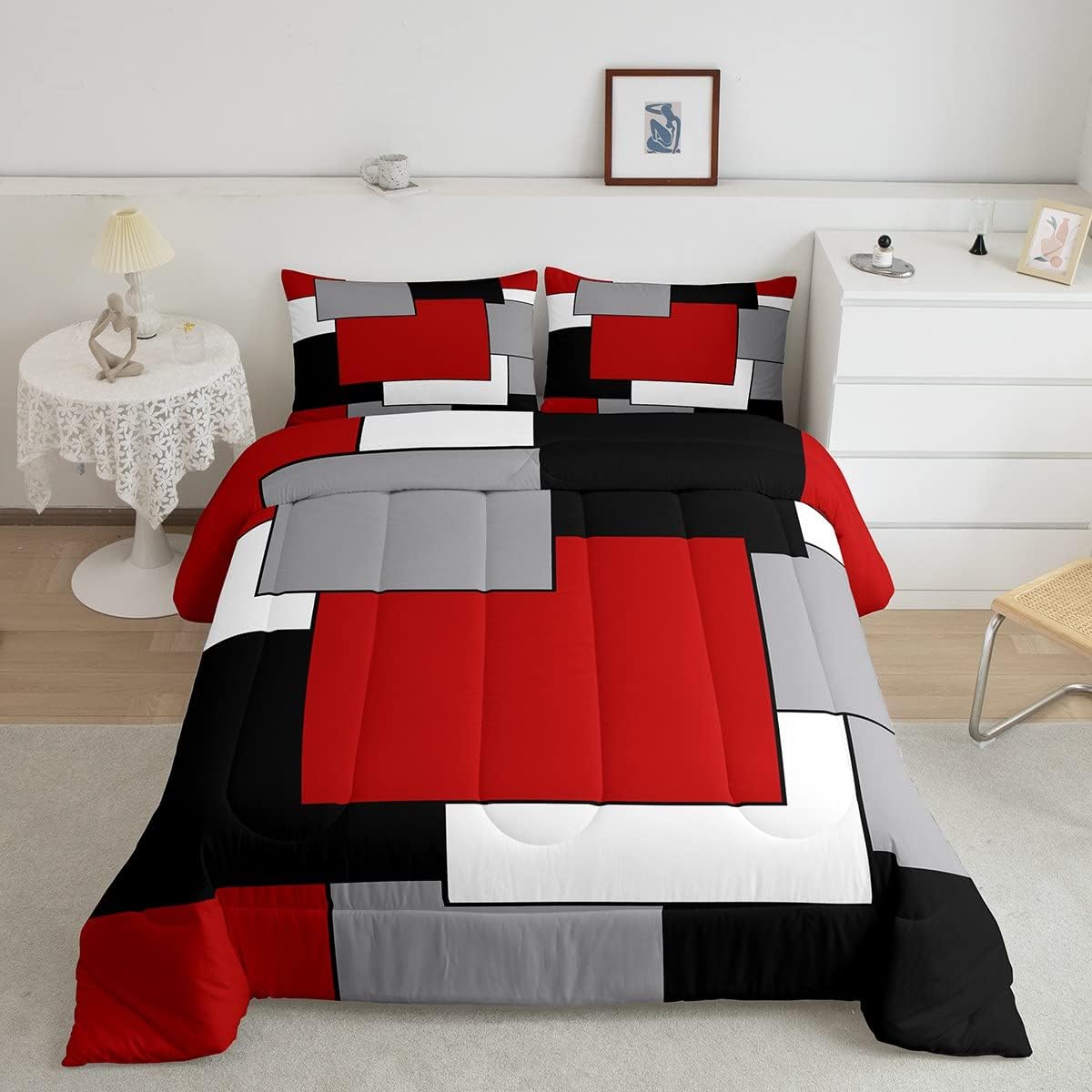 Erosebridal Juego de edredón para mujeres y hombres, juego de ropa de cama cuadrado moderno 3D tamaño matrimonial, juego de edredón geométrico,