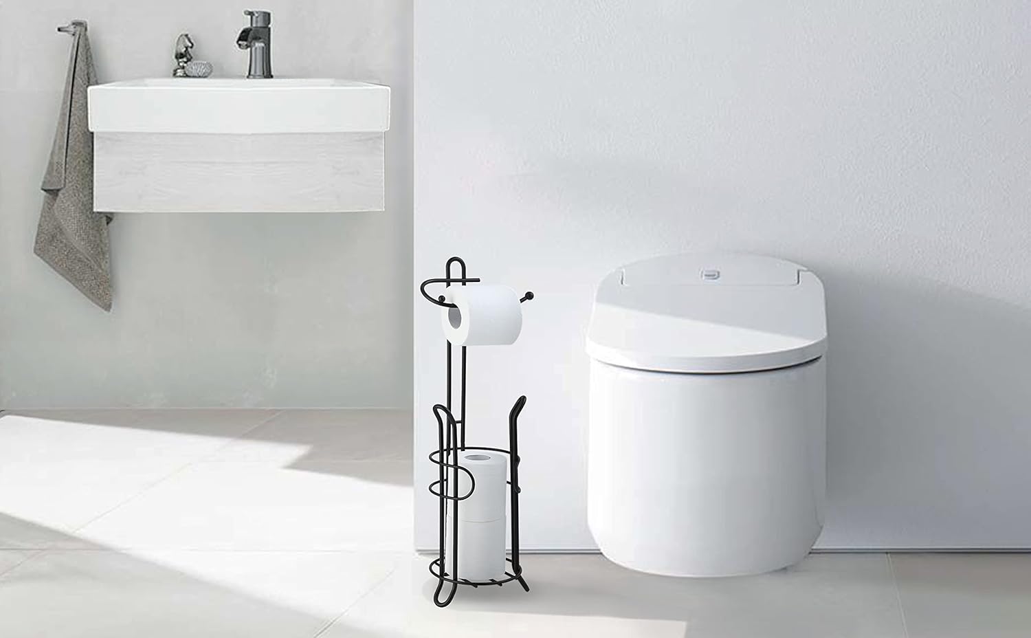 SunnyPoint Soporte de almacenamiento de rollos de papel higiénico para baño con reserva, el área de reserva tiene suficiente espacio para almacenar