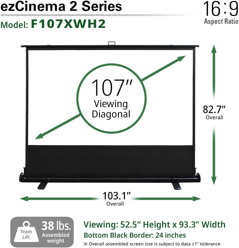 Elite Screens ezCinema 2 – Pantalla de proyector, 107 pulgadas 169 manual de piso, con parte trasera de tijera, proyección frontal portátil de cine
