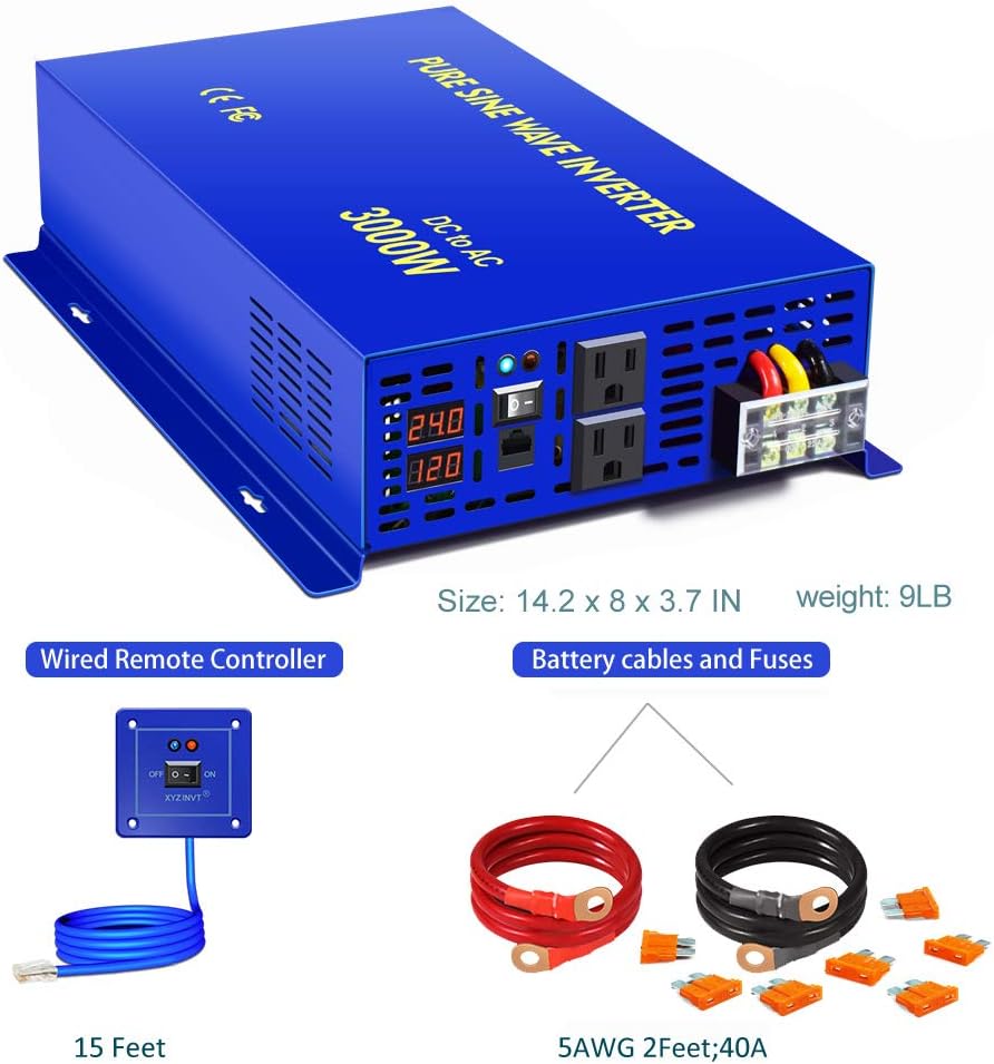 Inversor de corriente de onda sinusoidal pura de 3000 W – 24 V CC a CA 120 V 110 V con controlador de interruptor remoto de cable de 15 pies,