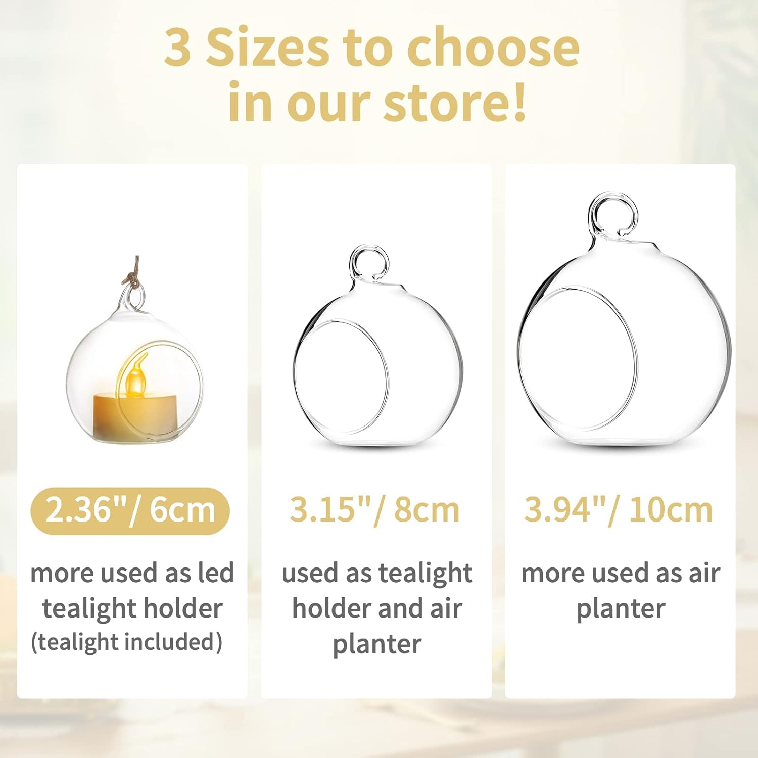 12 portavelas de cristal colgante con velas LED, globos de vidrio colgantes de 2.36 pulgadas, recipientes de vidrio colgantes de terrario para
