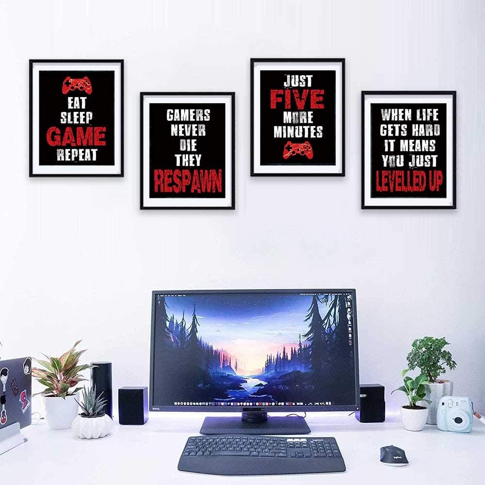 CHIEN-CHI LILI Juego de 4 pósteres de videojuegos azules (8 x 10 pulgadas), decoración de pared de habitación con temática de videojuegos, arte de