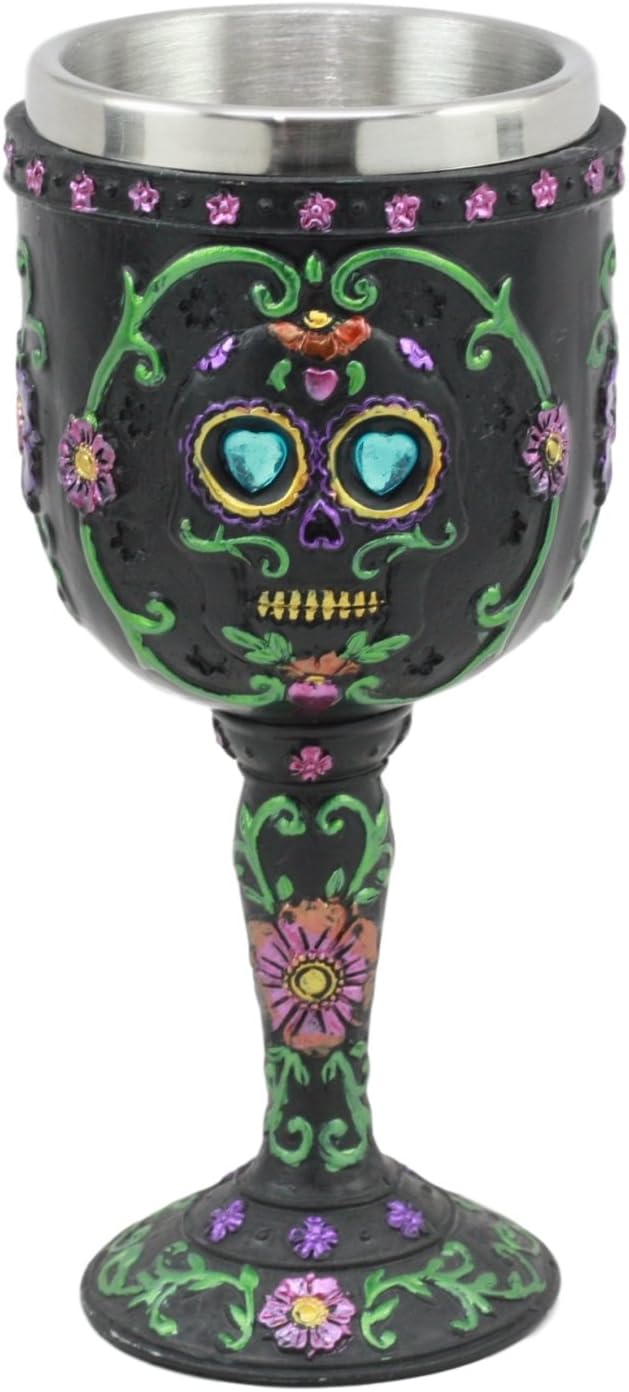 Ebros Día de los Muertos Osario Boda Calavera de Azúcar Negro Copa de Vino 7oz Cáliz Como Cocina Decorativo Fiesta de Halloween Centro de mesa