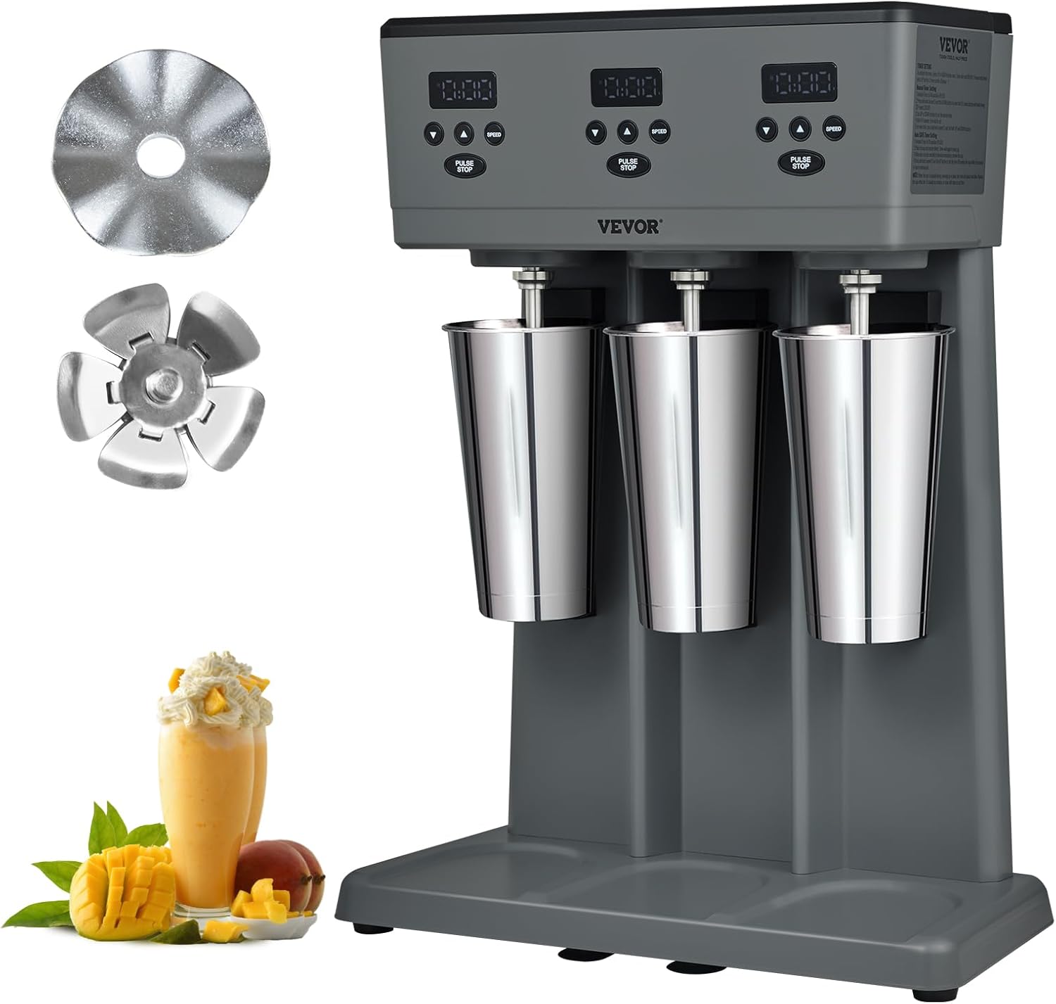 VEVOR Batidora eléctrica de 375 W x 3, mezclador de bebidas comercial de triple cabezal, microinterruptor inteligente LED, mezclador de batido de 3