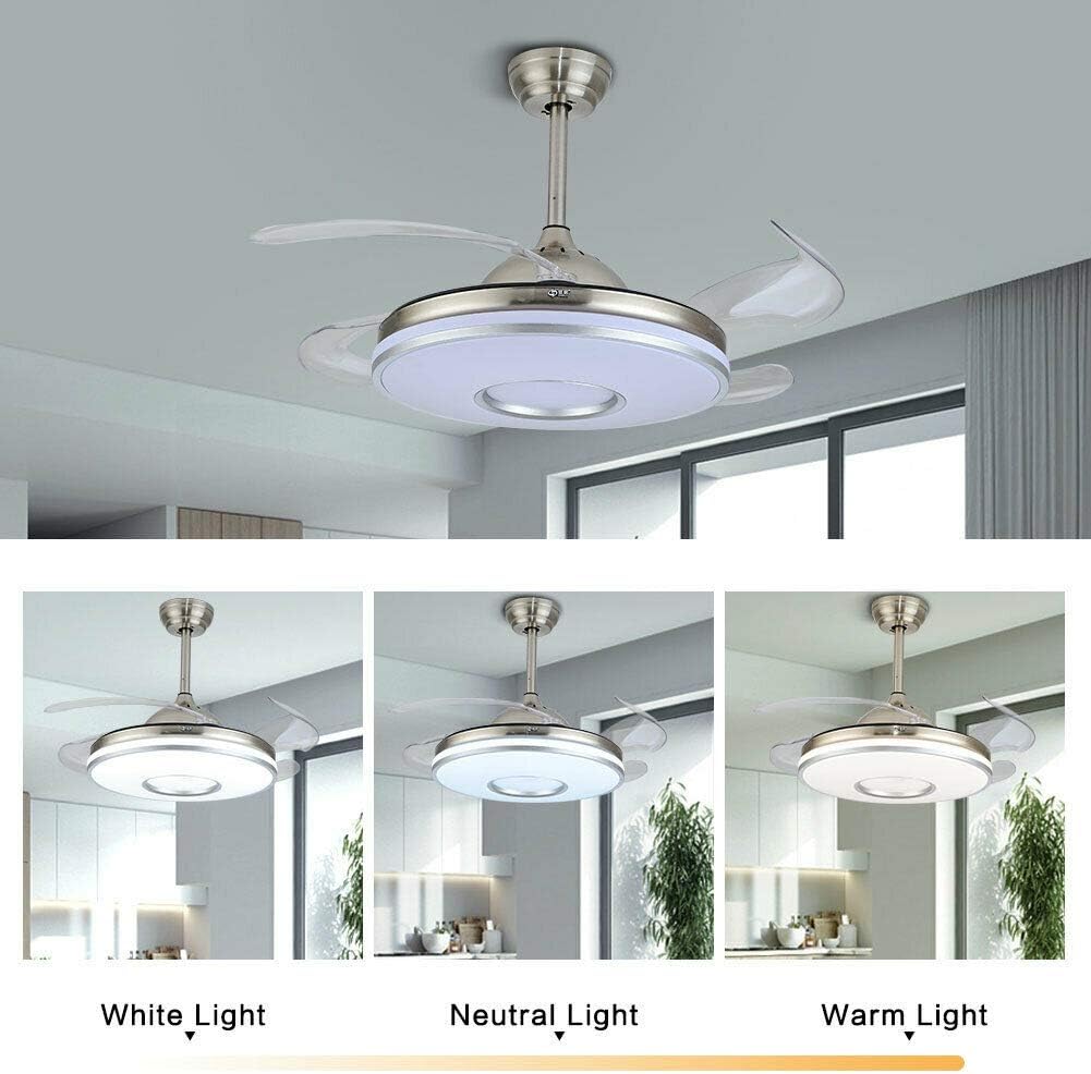 Ventilador de techo retráctil moderno plateado de 42 pulgadas con luz, luz LED retráctil de lujo de 36 W, ventilador de 3 colores y 3 velocidades