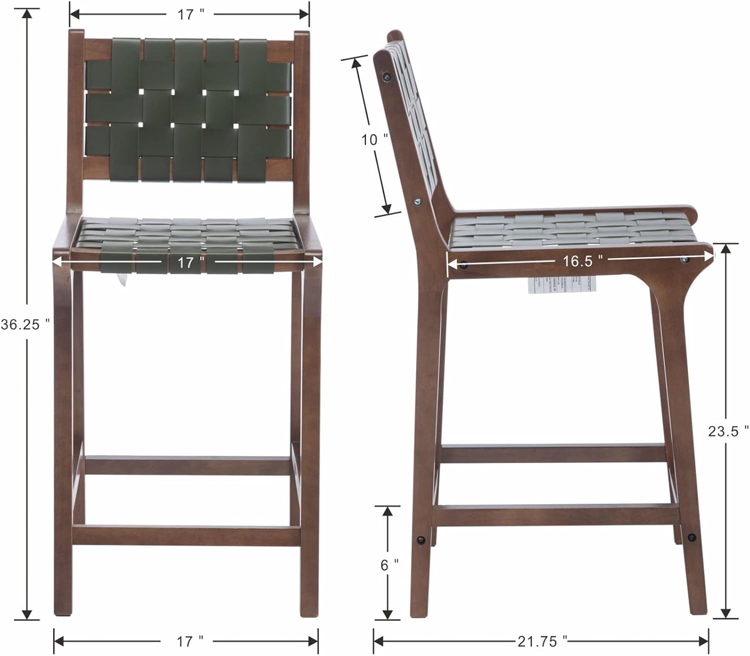 Juego de 2 taburetes de mostrador modernos de 23.5 pulgadas de altura de mostrador con asiento de correa tejida de piel sintética y respaldo
