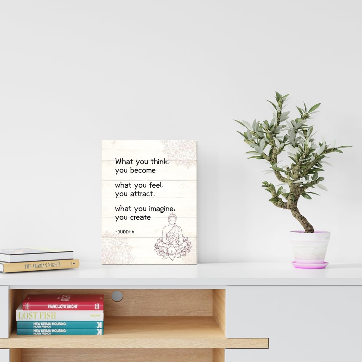 Lienzo decorativo de Buda, con texto en inglés What You Think You Become Buddhist Quote Buddhist, póster impreso para decoración budista para el