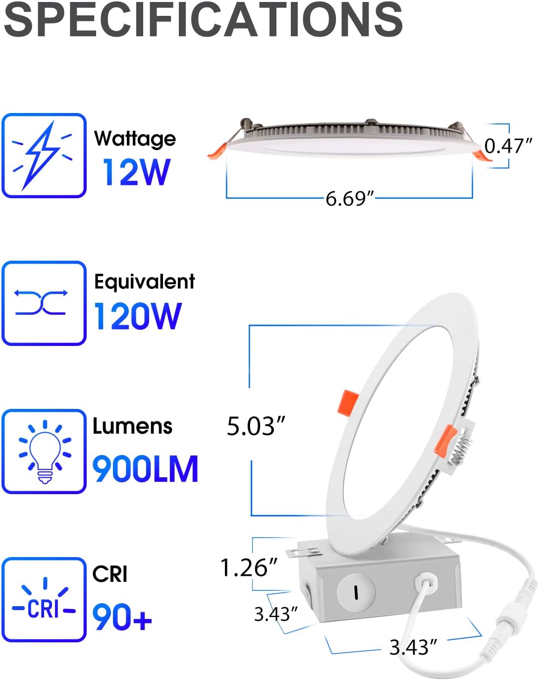 Energetic – Paquete de 12 luces LED empotrables delgadas de 6 pulgadas con caja de conexiones, 900 lúmenes, luz descendente blanca cálida de 3000 K,