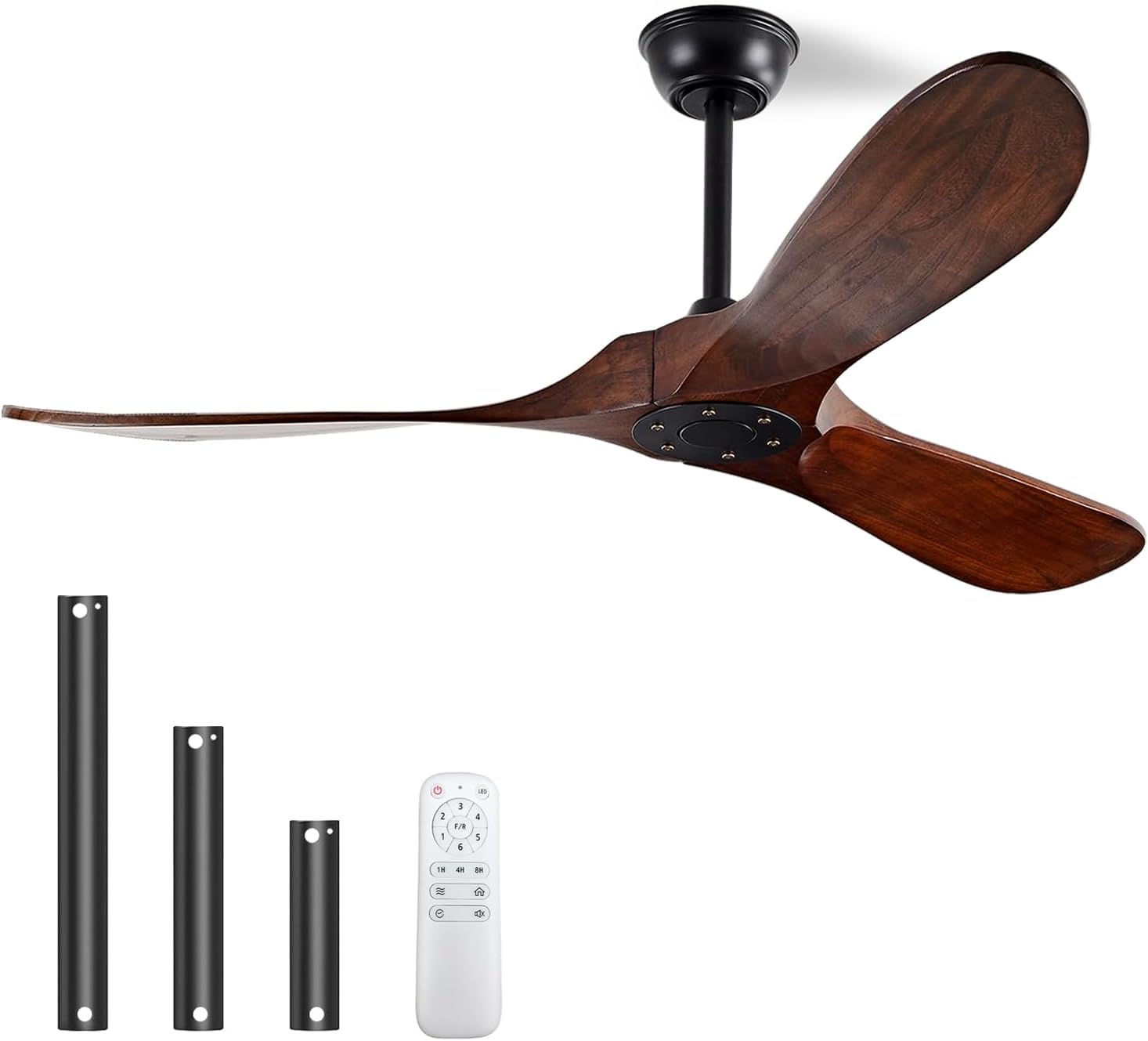 YKXONFA Ventiladores de techo de madera maciza sin luz, ventilador de techo moderno de nogal de 52 pulgadas para interiores y exteriores, con 6
