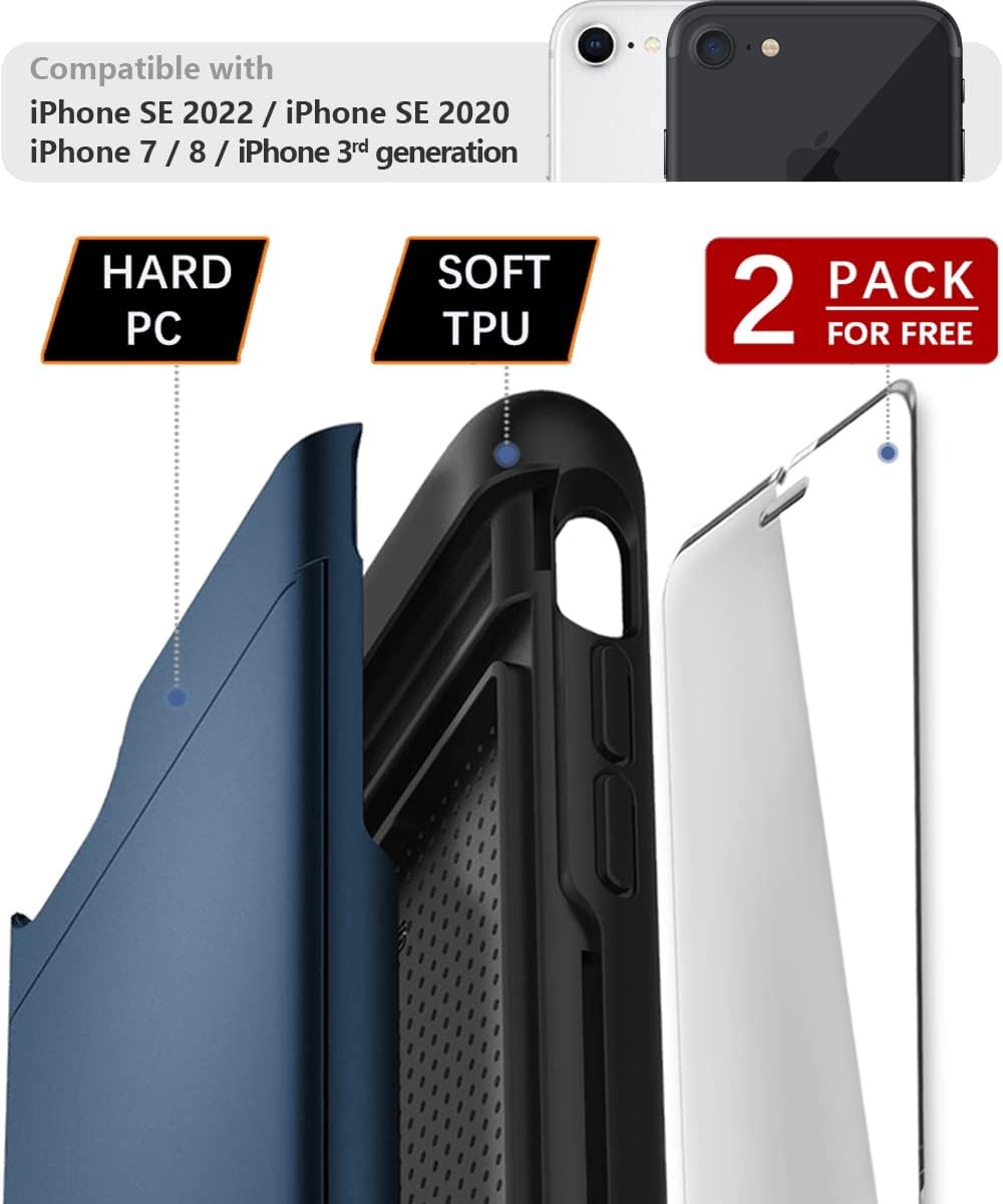 SUPBEC – Funda para iPhone 78  SE 2 con porta tarjetas y vidrio templado para proteger la pantalla (2 unidades), funda de silicona TPU a prueba de