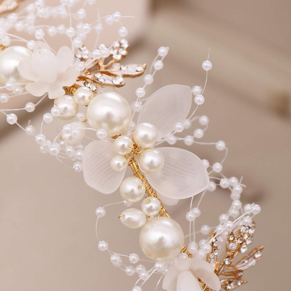 PRDGIRL Diadema de boda para niñas de flores, cuentas de cristal de perlas de diamantes de imitación, accesorios para el cabello de vid dorada para